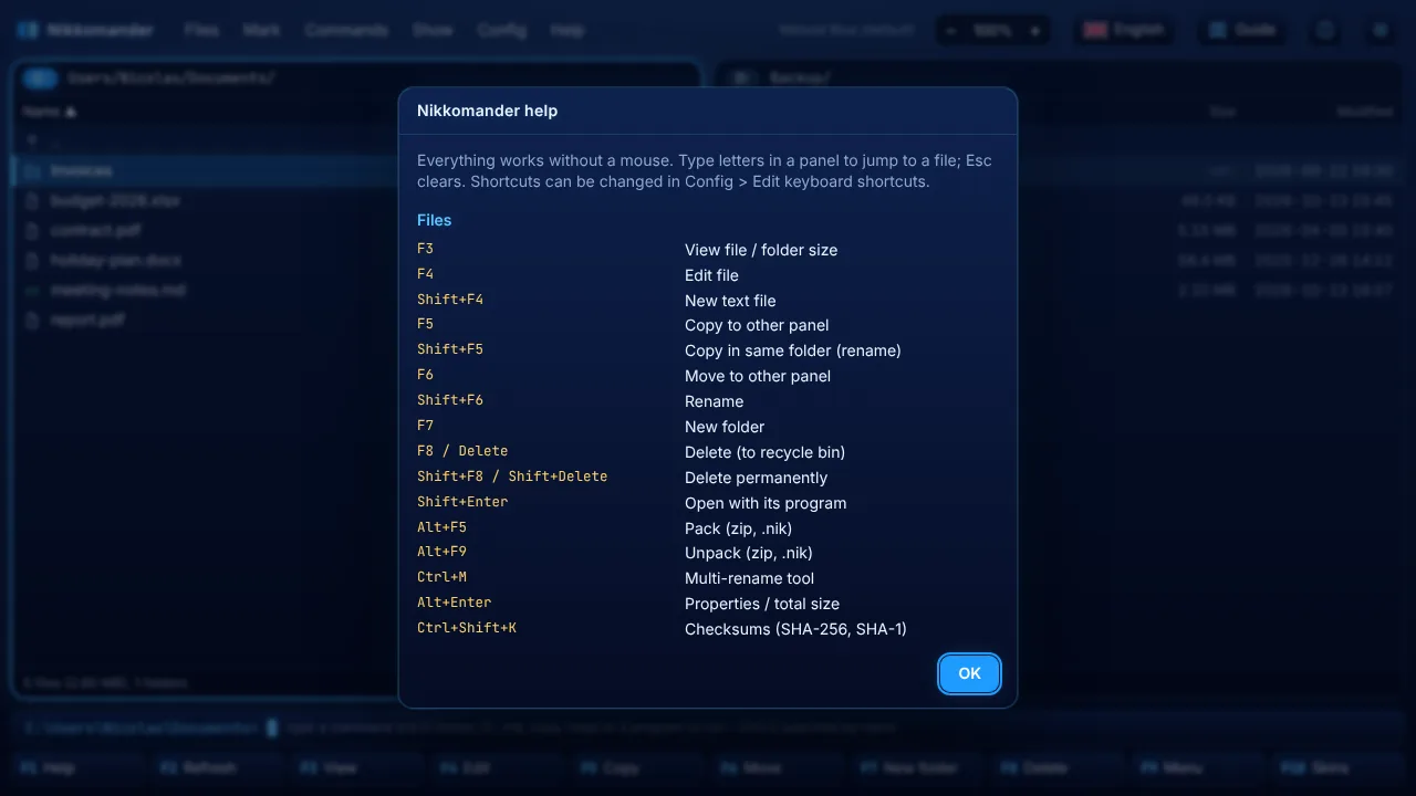 The shortcut list (F1)