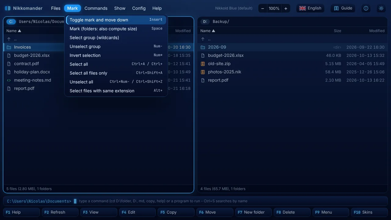 The menu (F9)