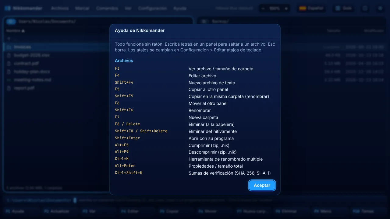 La lista de atajos (F1)