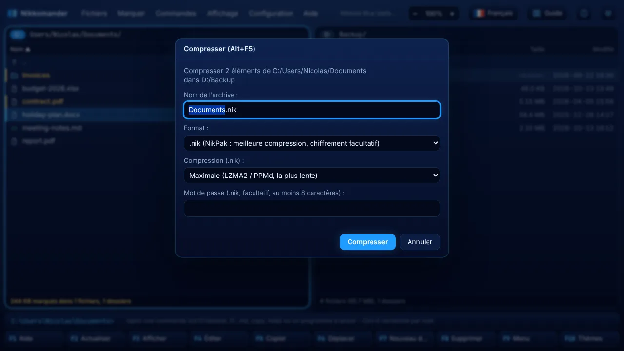 Compression avec les niveaux NikPak (Alt+F5)