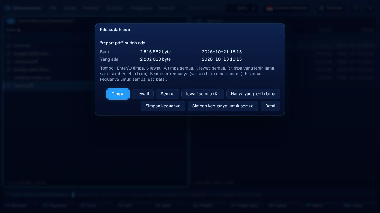 Jendela "File sudah ada" dengan pilihan baru Simpan keduanya