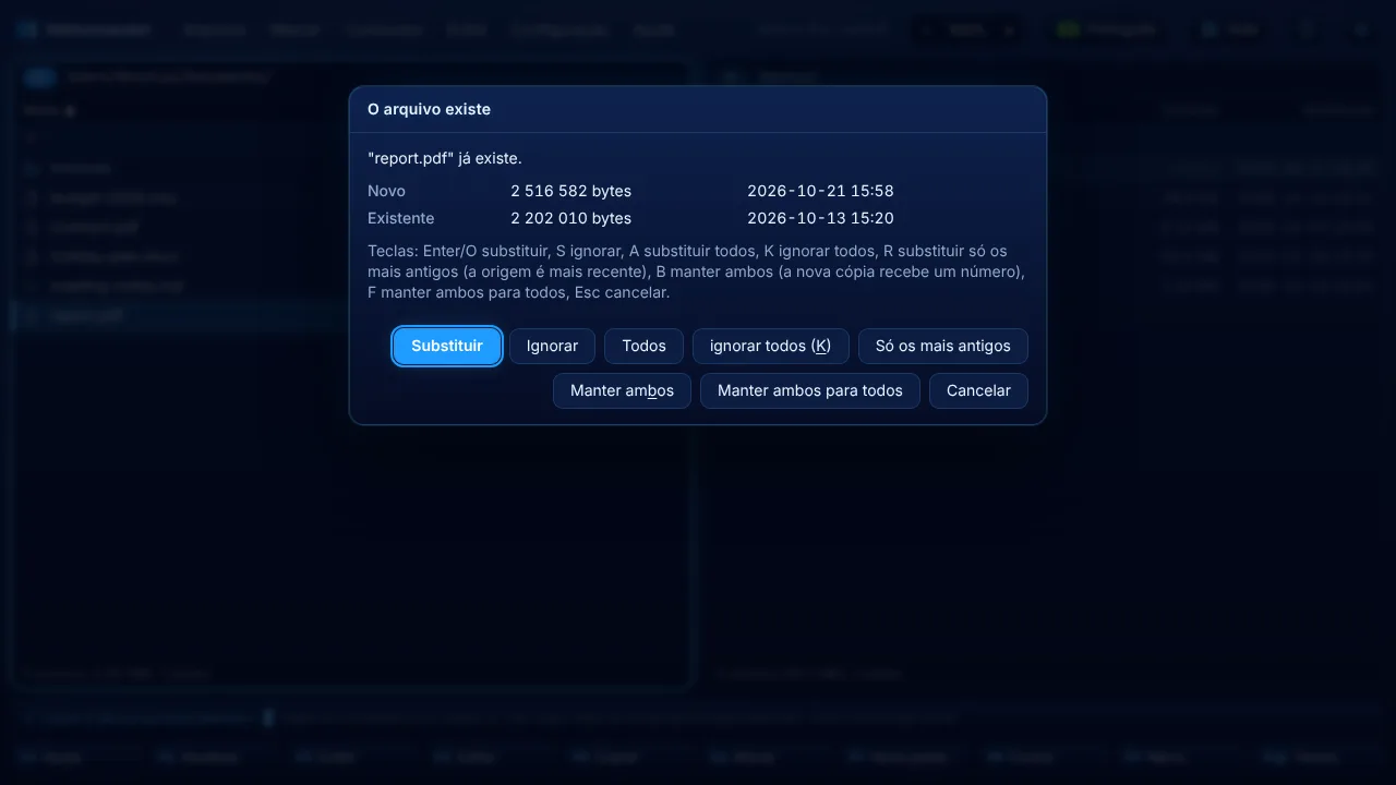 A janela "O arquivo existe" com a nova opção Manter ambos