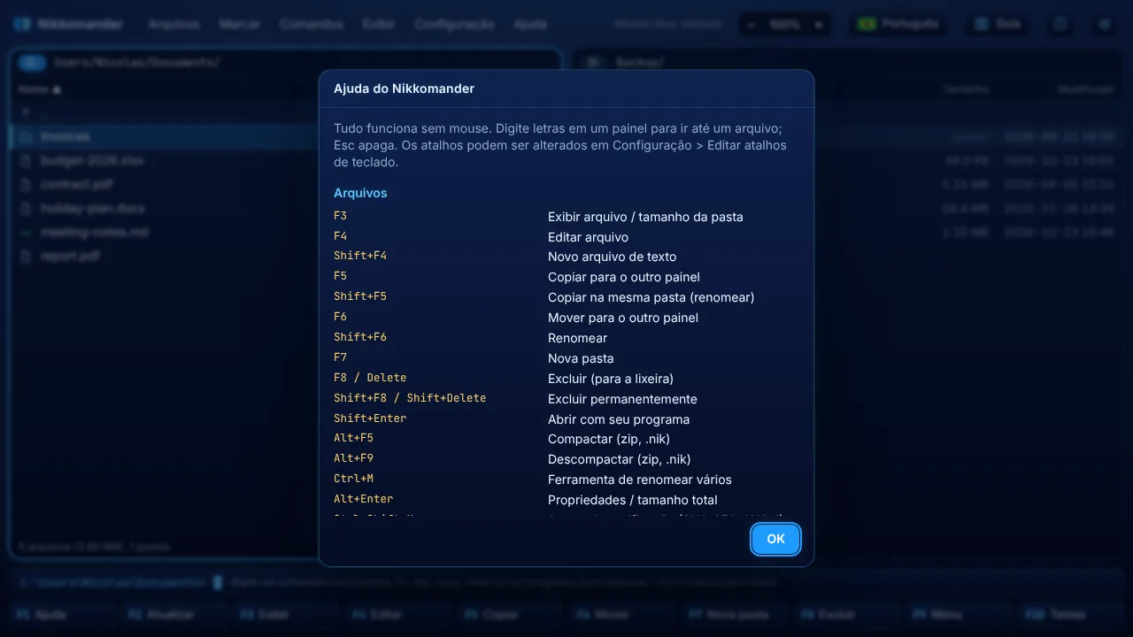 A lista de atalhos (F1)